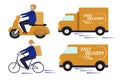 Vector illustration on the theme of fast delivery, express delivery. scooter courier, bike courier, truck and van.